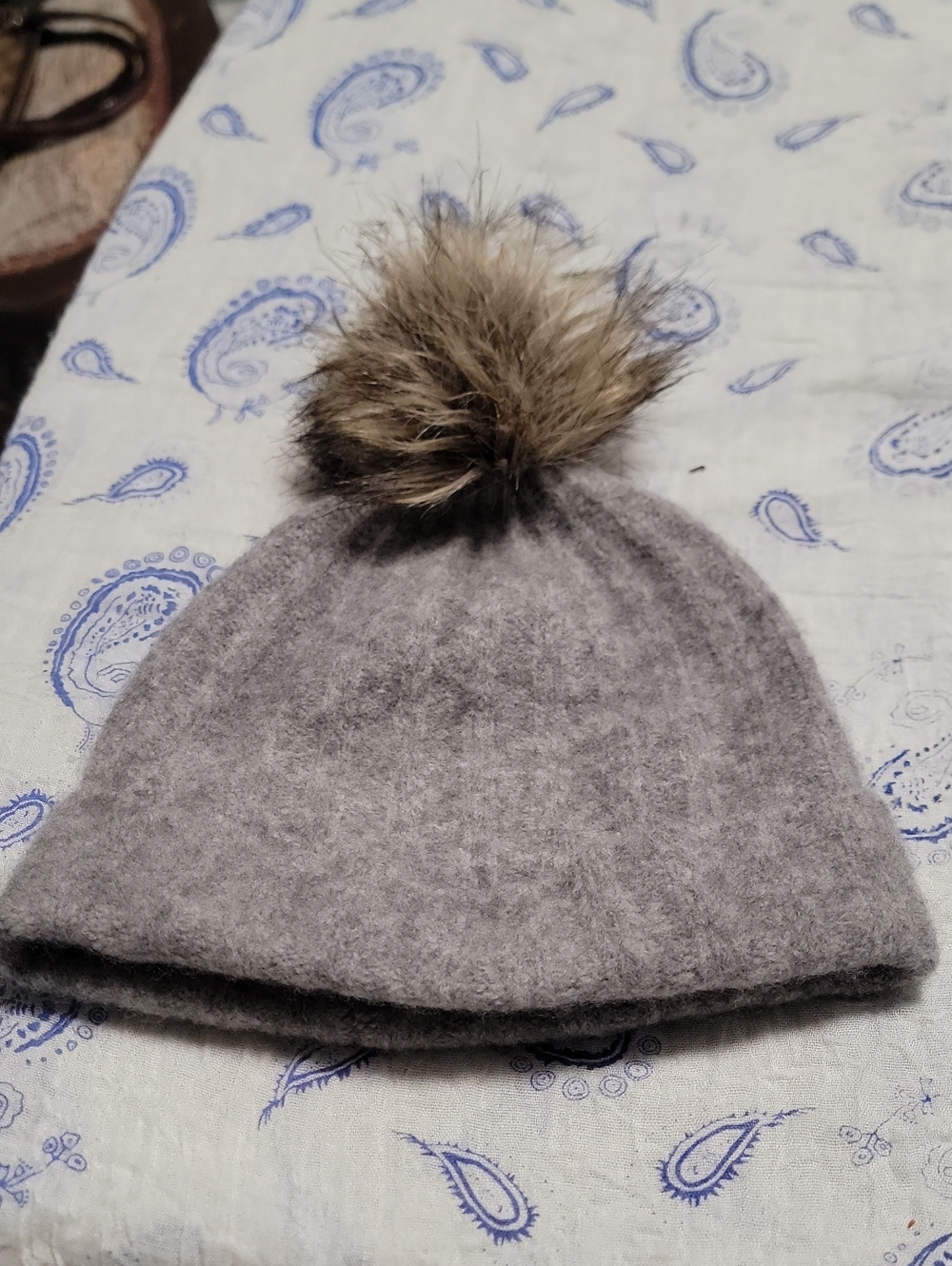 Babaton Gray Beanie with Faux Fur Pom